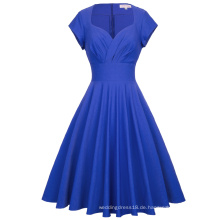 Belle Poque Retro Cap Ärmel V-Ausschnitt High Stretchy Blau Vintage Kleid BP000356-2